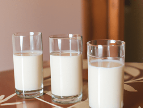 3 glasses of milk on the kitchen table